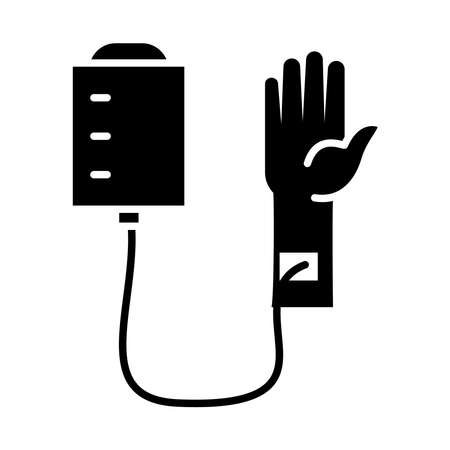 hand with iv bag icon over white background, silhouette style, vector illustrationのイラスト素材