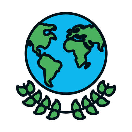 earth planet and decorative leaves wreath over white background, line and fill style, vector illustrationのイラスト素材