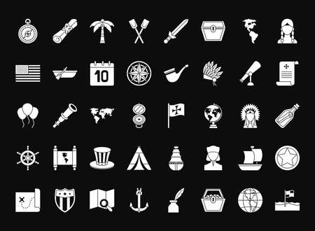 Columbus day icon set over black background, silhouette style, vector illustrationのイラスト素材
