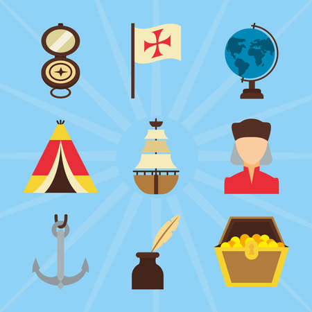 Columbus day and compass icon set over blue background, flat style, vector illustrationのイラスト素材