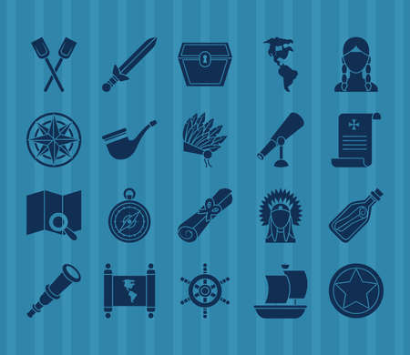 compass and Happy colombus day icon set over blue background, silhouette style, vector illustrationの素材 [FY310154843671]