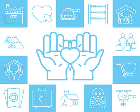 hands and humanitarian help icon set over blue and white background, line style, vector illustrationのイラスト素材