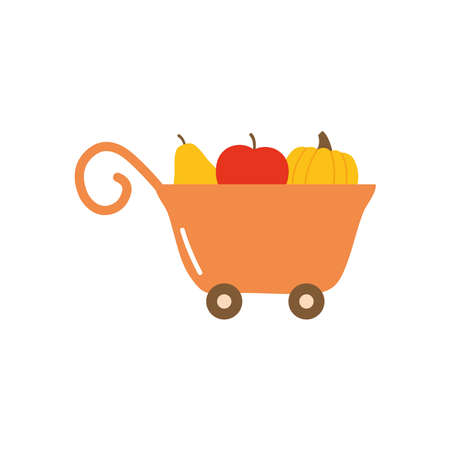 handcart with vegetables and fruits over white background, flat style, vector illustrationのイラスト素材