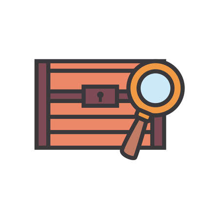 Treasure chest with lupe line and fill style icon design Box vintage gold wealth pirate ancient antique object money and retro theme Vector illustrationのイラスト素材
