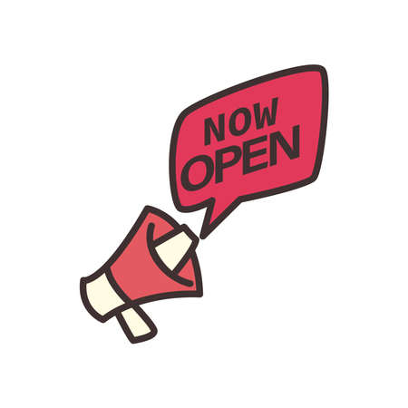 megaphone with now open in bubble line and fill style icon design of Shopping commerce and covid 19 theme Vector illustrationのイラスト素材