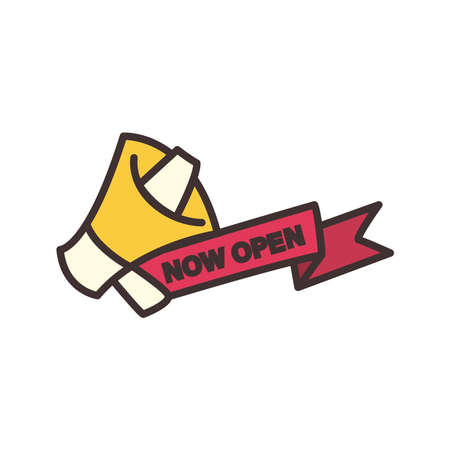 megaphone with now open in ribbon line and fill style icon design of Shopping commerce and covid 19 theme Vector illustrationのイラスト素材