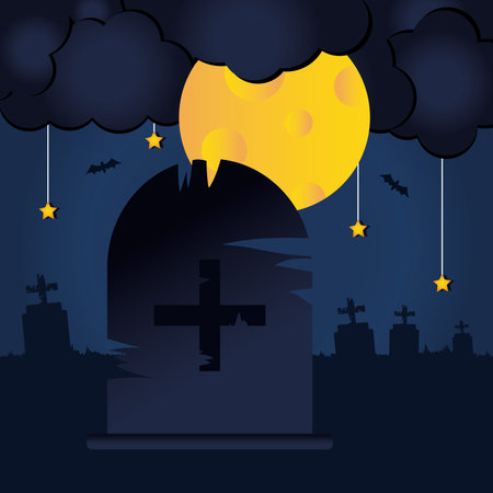 Happy halloween design with grave and full moon over blue background, vector illustrationのイラスト素材
