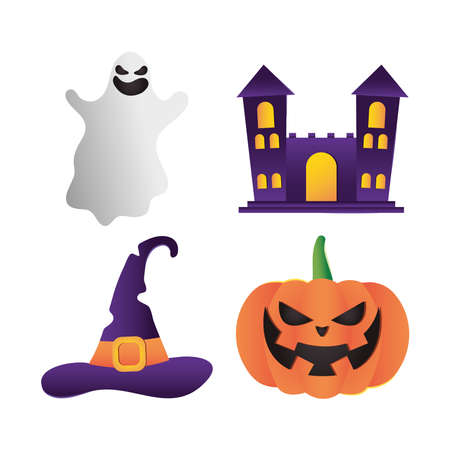 witch hat and Happy halloween icon set over white background, colorful design, vector illustrationのイラスト素材