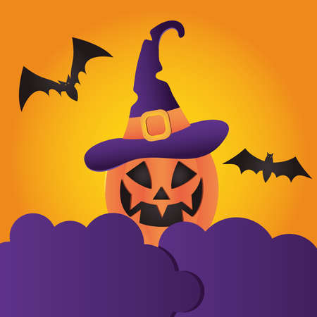 Happy halloween design with bats and purple clouds with pumpkin with witch hat over orange background, colorful design, vector illustrationのイラスト素材