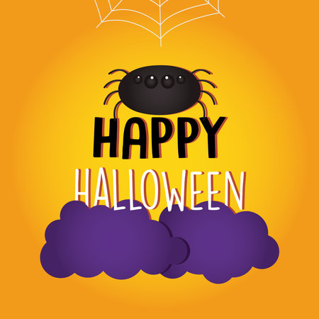 happy halloween design with cartoon spider and purple clouds over orange background, vector illustrationのイラスト素材
