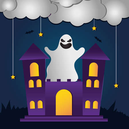 Happy halloween design with horror castle and big ghost over blue background, vector illustrationのイラスト素材