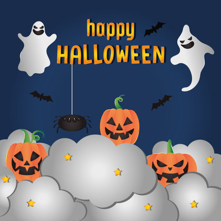 Happy halloween design with ghosts and clouds with pumpkins over blue background, vector illustrationのイラスト素材