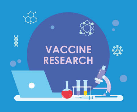 Vaccine research design with chemical flasks, microscope and laptop computer over blue background, colorful design, vecotr illustrationのイラスト素材