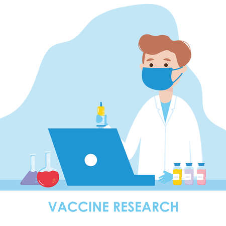 Vaccine research design, cartoon scientific doctor with chemical flasks and laptop computer over blue background, colorful design, vecotr illustrationのイラスト素材