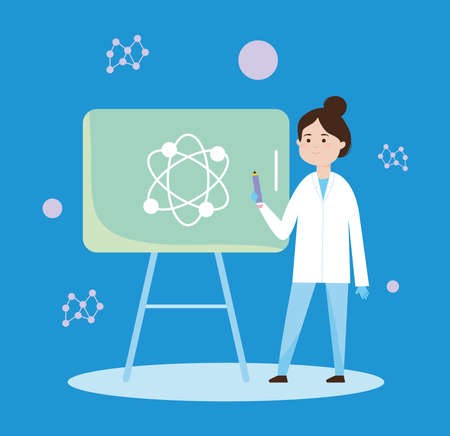 Vaccine research design with cartoon scientist and presentation board with virus icon over blue background, vector illustrationのイラスト素材