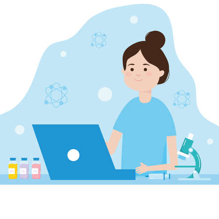 Vaccine research design with woman and microscope over blue and white background, colorful design, vecotr illustrationのイラスト素材