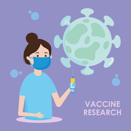 Vaccine research design with scientist woman holding a syringe and virus icon over purple background, vector illustrationのイラスト素材