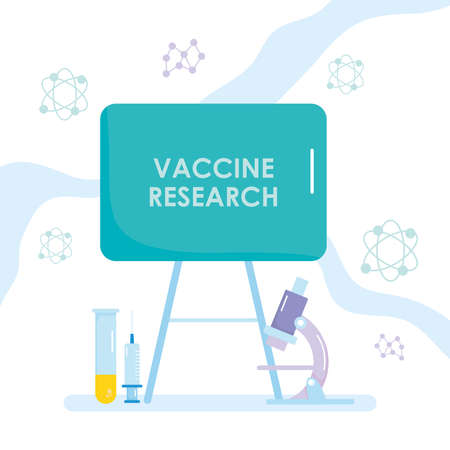 Vaccine research design with presentation board, microscope and syringe over white background, vector illustrationのイラスト素材