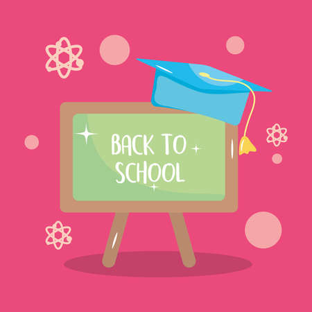 back to school design with blackboard with graduation cap over pink background, vector illustrationのイラスト素材