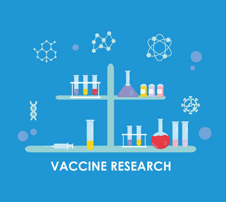 Vaccine research design, stand with chemical flasks and test tubes over blue background, colorful design, vecotr illustrationのイラスト素材