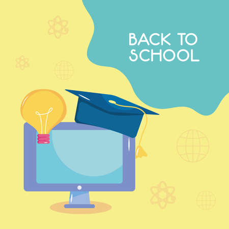 back to school design with computer with graduation cap and bulb light over yellow background, vector illustrationのイラスト素材