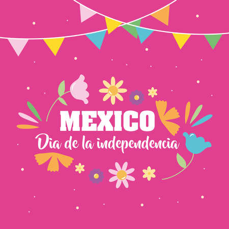 Mexico independence day design with beautiful flowers and decorative pennants over pink background, colorful design, vector illustrationのイラスト素材