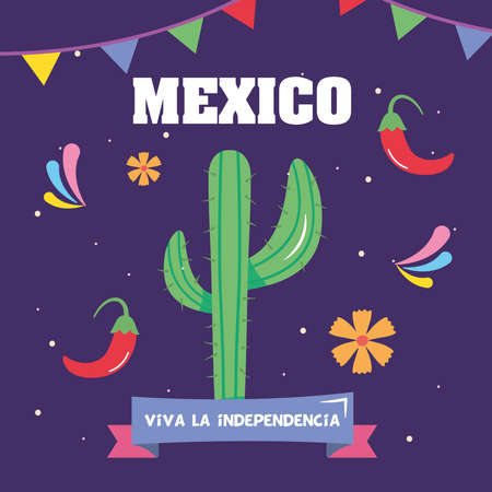 Mexico independence day design with cactus and related icons around over purple background, colorful design, vector illustrationのイラスト素材