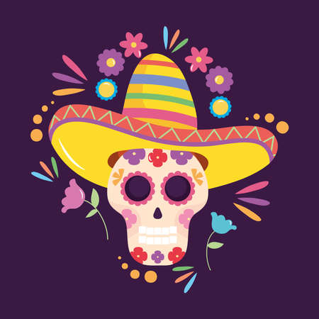 Mexico independence day design with sugar skull with mexican hat over purple background, colorful design, vector illustrationのイラスト素材