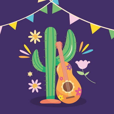 Mexico independence day design with cactus and mexican guitar over purple background, colorful design, vector illustrationのイラスト素材