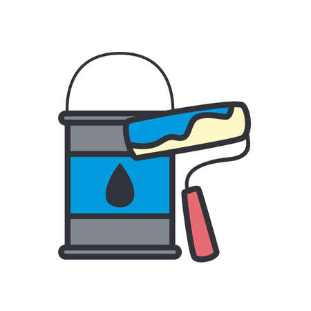 paint bucket and roll line and fill style icon design of Construction working maintenance workshop repairing progress labor and industrial theme Vector illustrationのイラスト素材