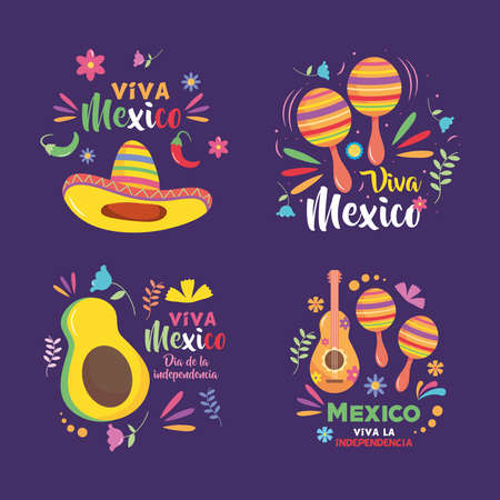 Mexico independence day designs icon set over purple background, vector illustrationのイラスト素材
