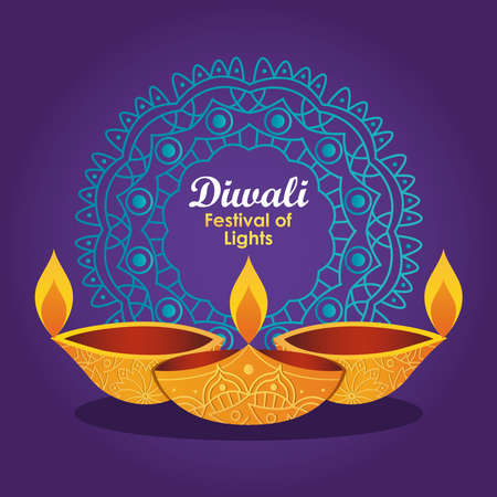diwali festival design with decorative mandala and diya lamps over purple background, vector illustrationのイラスト素材