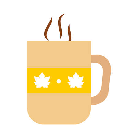 hot coffee mug with maple leaves design over white background, flat style, vector illustrationのイラスト素材