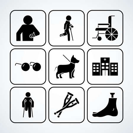 icon set of wheelchair and disabilities over white background, silhouette style, vector illustrationのイラスト素材