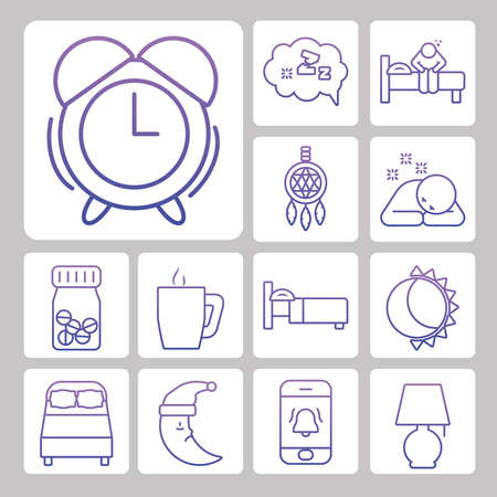 alarm clock and insomnia icon set over white background, gradient style, vector illustrationのイラスト素材
