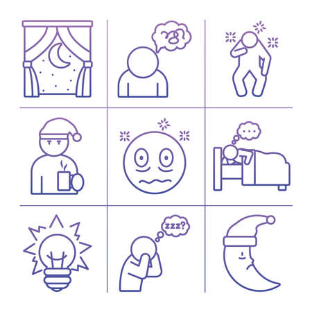icon set of insomnia and bulb light over white background, gradient style, vector illustrationのイラスト素材
