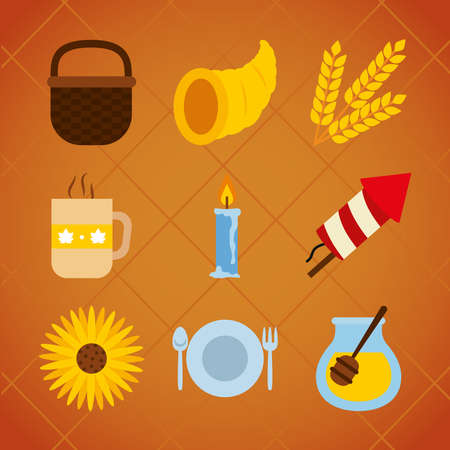 icon set of thanksgiving and cornucopia over yellow background, flat style, vector illustrationのイラスト素材