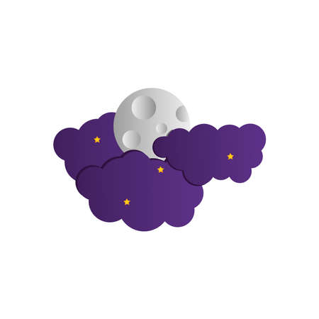 purple clouds with stars and full moon over white background, flat style, vector illustrationのイラスト素材