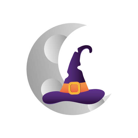 halloween witch hat and half moon over white background, colorful design, vector illustrationのイラスト素材