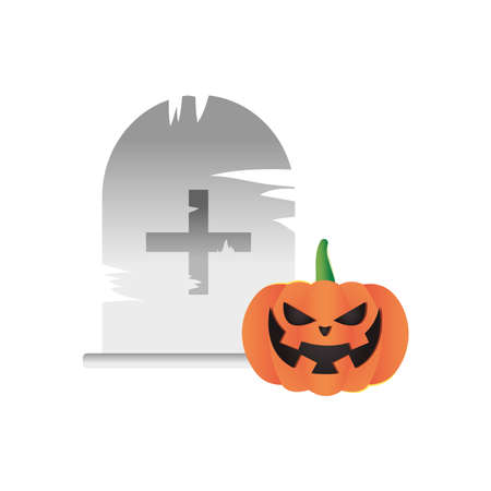 cemetery grave and halloween pumpkin over white background, colorful design, vector illustrationのイラスト素材