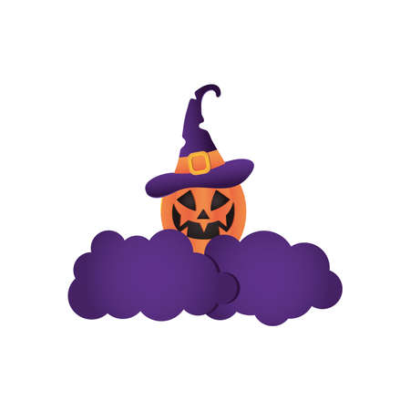 halloween pumpkin with witch on purple clouds over white background, colorful design, vector illustrationのイラスト素材