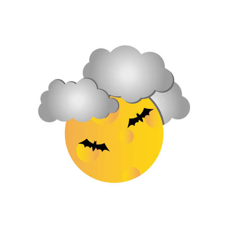 full moon with bats flying and clouds over white background, flat style, vector illustrationのイラスト素材