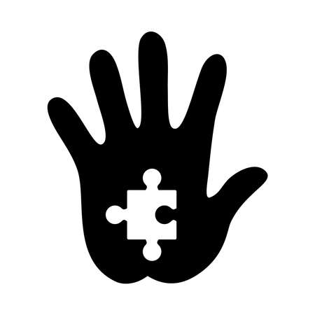 hand with jigsaw piece icon over white background, silhouette style, vector illustrationのイラスト素材