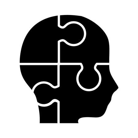 jigsaw pieces in head shape icon over white background, silhouette style, vector illustrationのイラスト素材