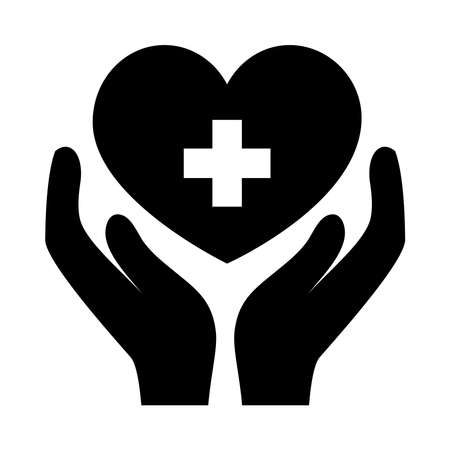 hands and heart with medical cross icon over white background, silhouette style, vector illustrationのイラスト素材