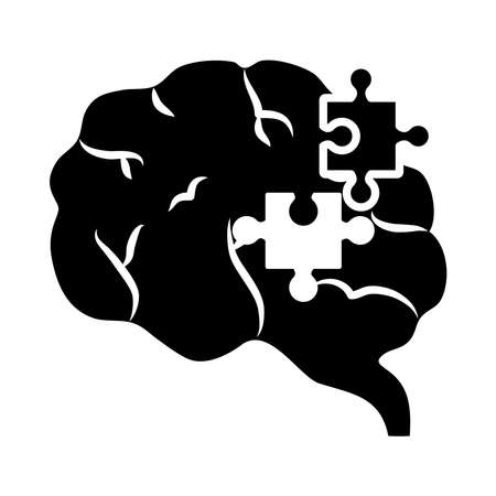 brain with jigsaw piece icon over white background, silhouette style, vector illustrationのイラスト素材