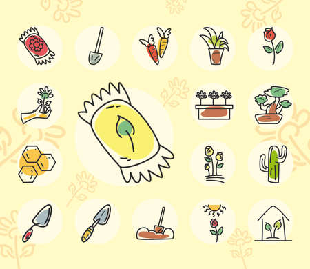 garden line and fill style collectiond of icons design, Gardening planting and nature theme Vector illustrationのイラスト素材