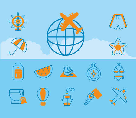 airplane and summer vacations icon set over blue background, half line half color style, vector illustrationのイラスト素材