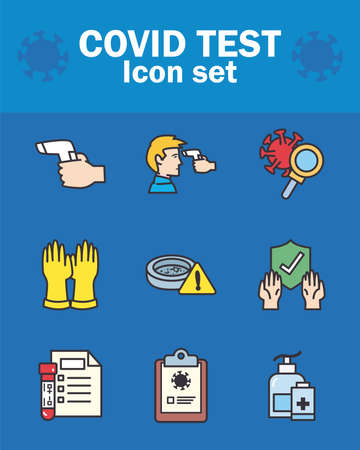 Covid 19 virus test line and fill style icons collection design of 2019 ncov cov coronavirus infection and corona theme Vector illustrationのイラスト素材