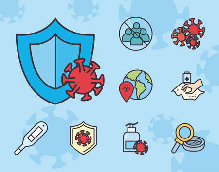 Covid 19 virus test line and fill style set icons design of 2019 ncov cov coronavirus infection and corona theme Vector illustrationのイラスト素材